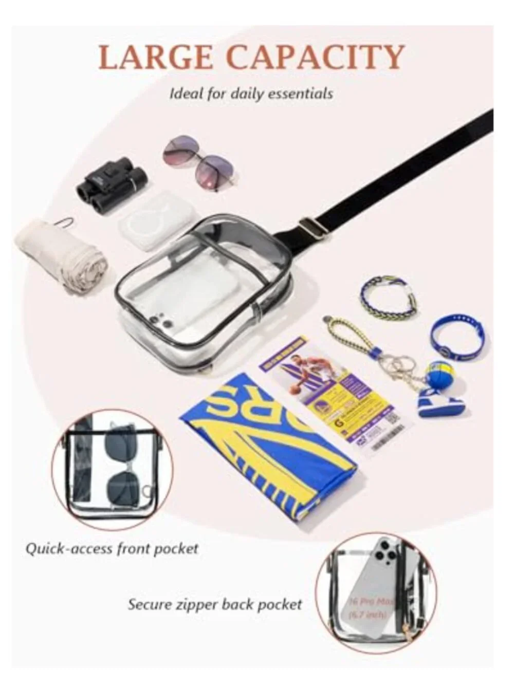 Clear Crossbody Sling Purse Stadium Approved 2 Straps TPU 3 Pockets